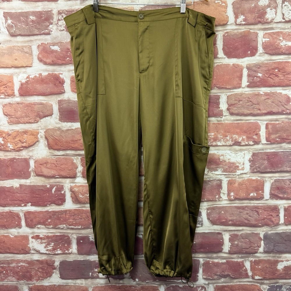 Old Navy Pants Women's XXL Gold Green Satin Cargo Pockets Drawstring Leg Joggers - Picture 6 of 8